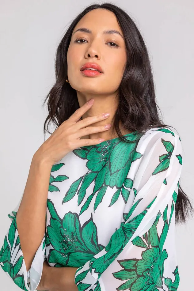 Women Green Floral Print Chiffon Overlay Top Roman Tops