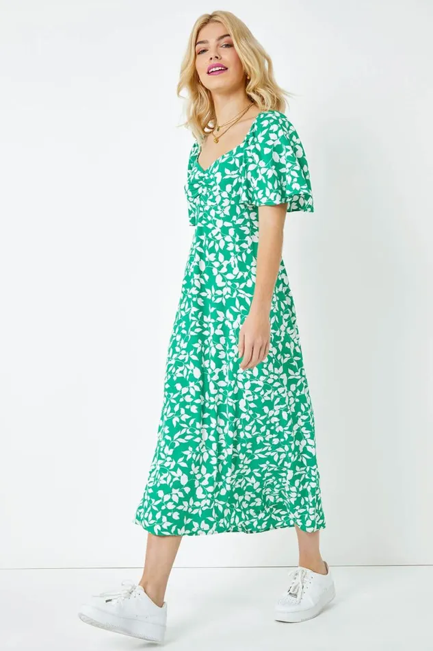 Women Green Floral Print Ruched Midi Dress Roman Dresses