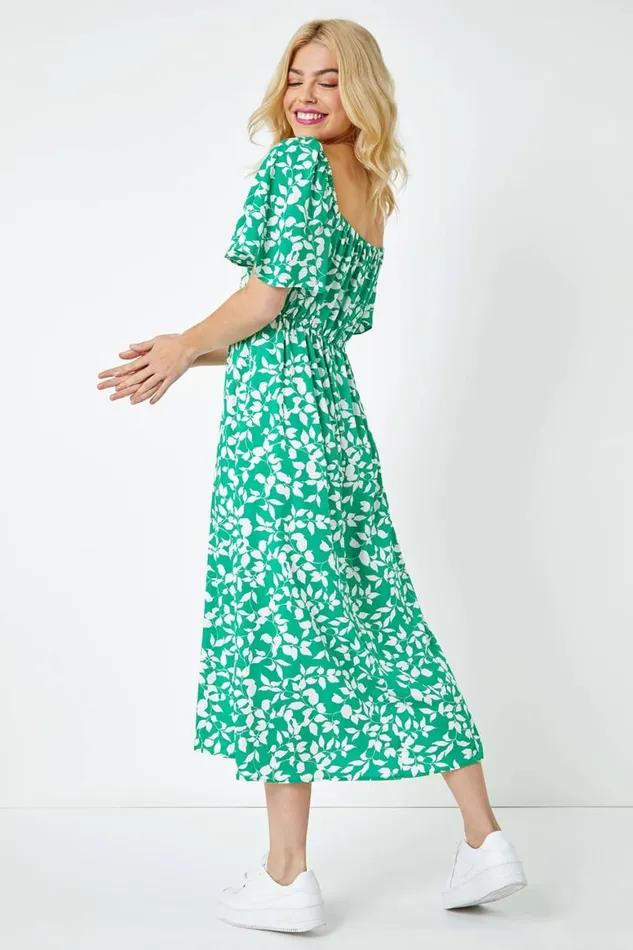 Women Green Floral Print Ruched Midi Dress Roman Dresses