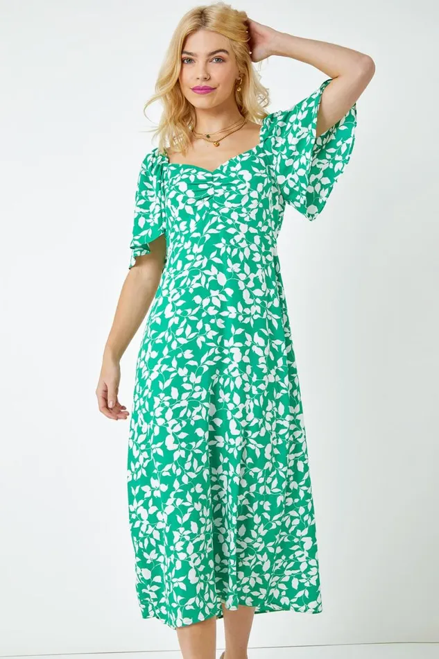 Women Green Floral Print Ruched Midi Dress Roman Dresses
