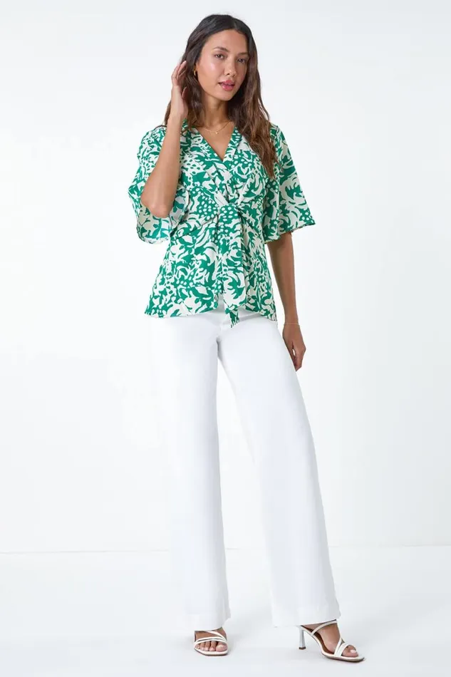 Women Green Floral Print VNeck Wrap Tie Top Roman Tops