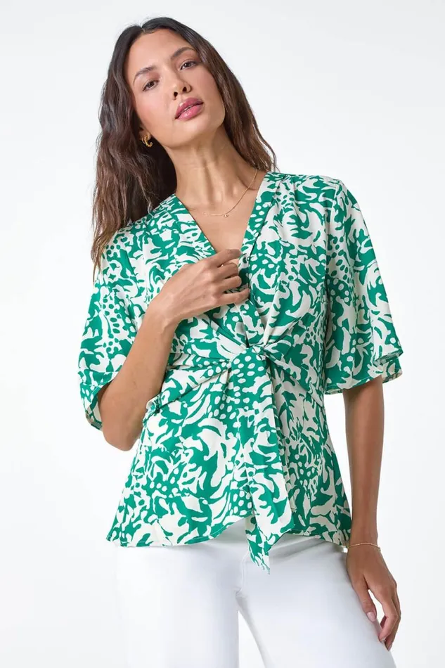 Women Green Floral Print VNeck Wrap Tie Top Roman Tops