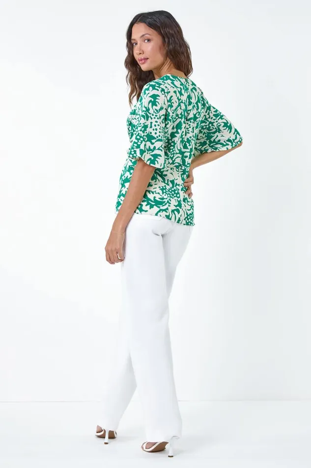 Women Green Floral Print VNeck Wrap Tie Top Roman Tops