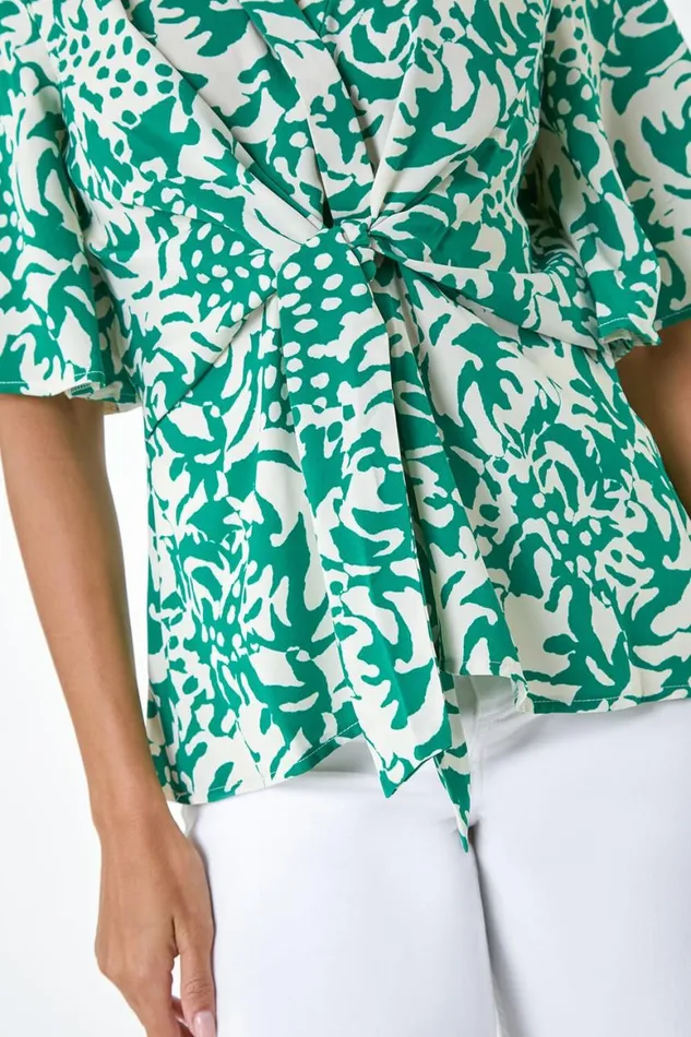 Women Green Floral Print VNeck Wrap Tie Top Roman Tops