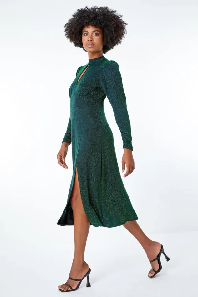 Women Green Glitter Keyhole Midi Dress Roman Dresses