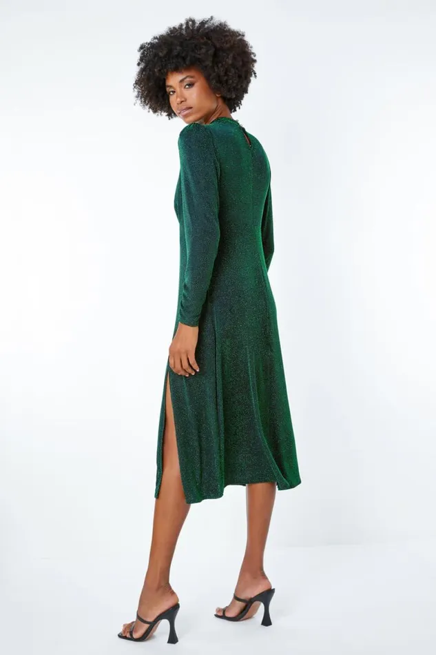 Women Green Glitter Keyhole Midi Dress Roman Dresses
