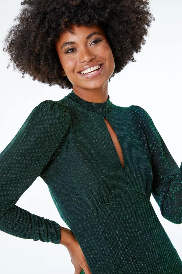 Women Green Glitter Keyhole Midi Dress Roman Dresses