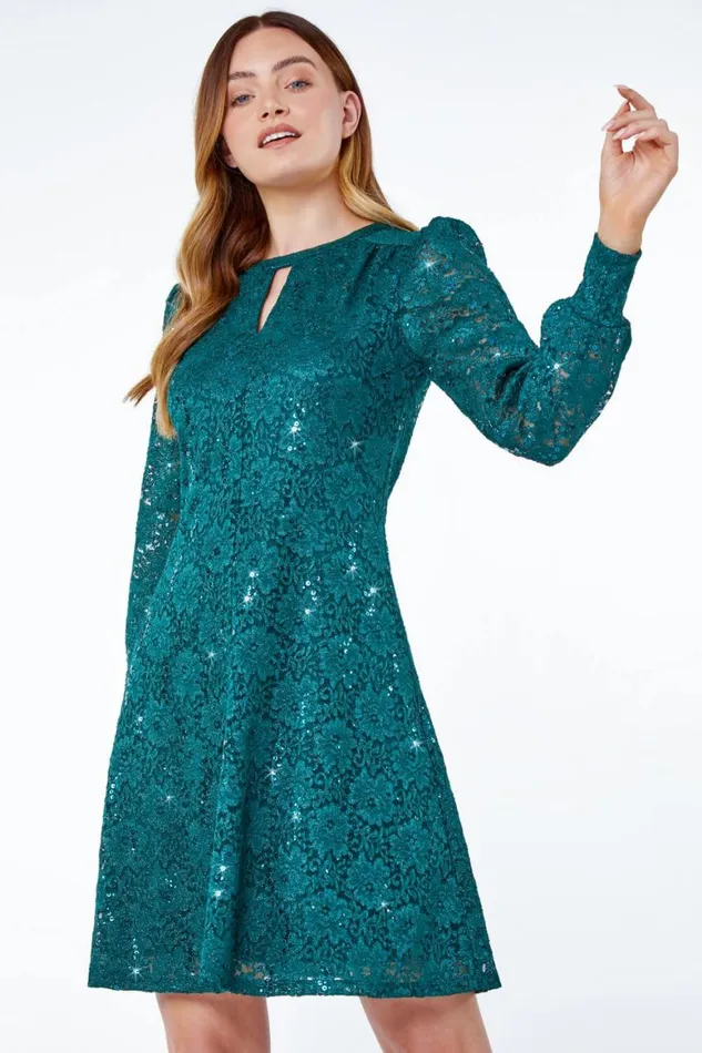Women Green Lace Swing Stretch Dress Roman Dresses