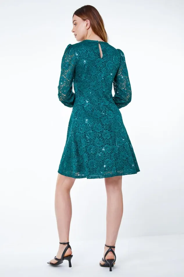 Women Green Lace Swing Stretch Dress Roman Dresses