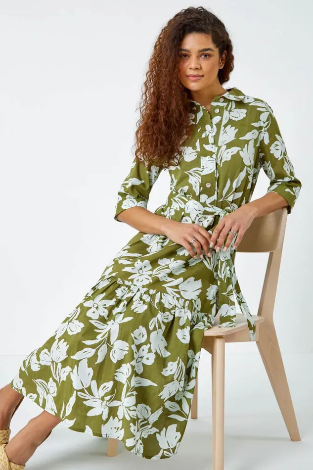 Women Green Leaf Frill Hem Button Shirt Dress Roman Dresses