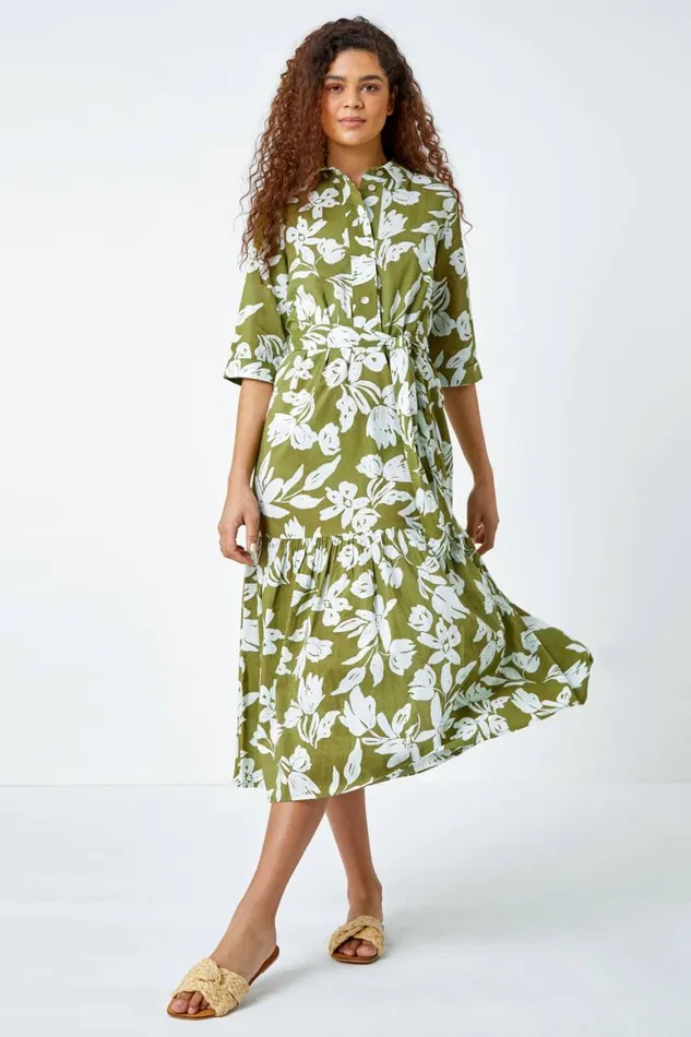 Women Green Leaf Frill Hem Button Shirt Dress Roman Dresses
