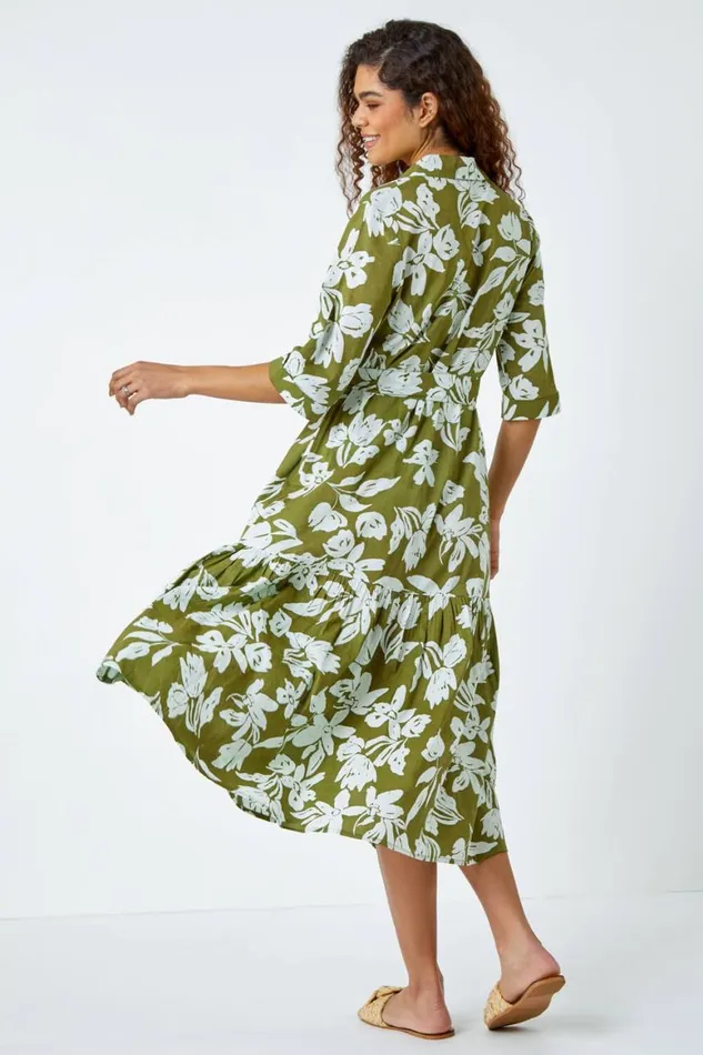 Women Green Leaf Frill Hem Button Shirt Dress Roman Dresses