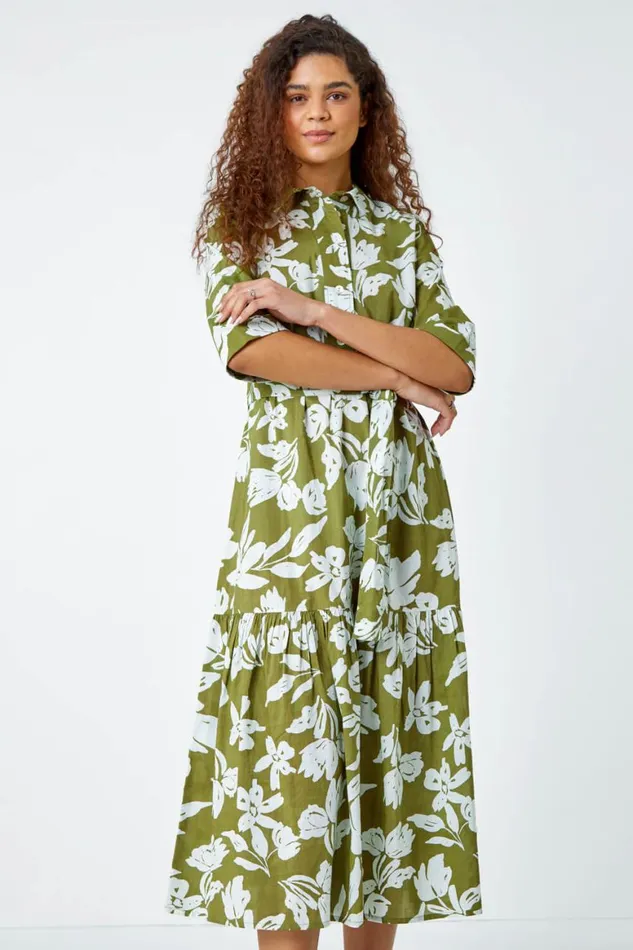 Women Green Leaf Frill Hem Button Shirt Dress Roman Dresses