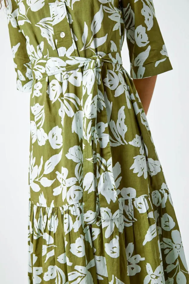 Women Green Leaf Frill Hem Button Shirt Dress Roman Dresses