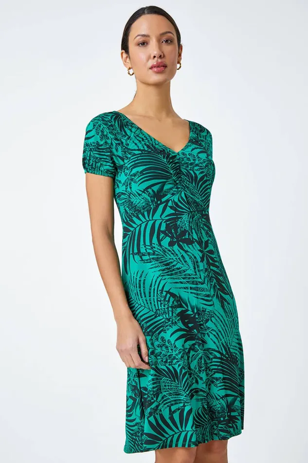 Women Green Leaf Print Stretch Ruched Dress Roman Dresses