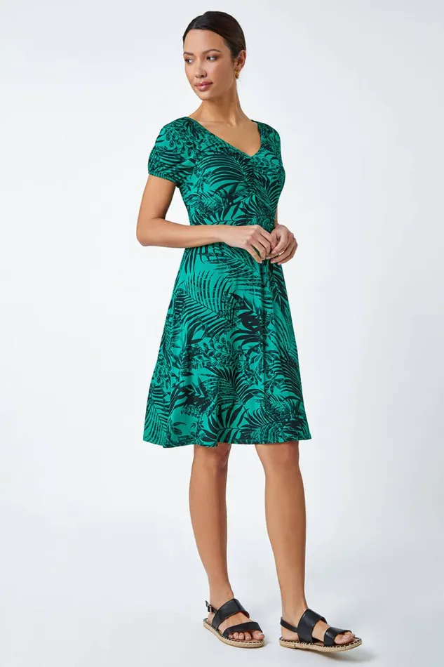 Women Green Leaf Print Stretch Ruched Dress Roman Dresses