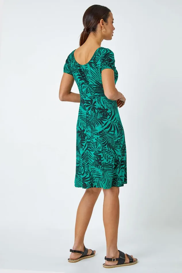 Women Green Leaf Print Stretch Ruched Dress Roman Dresses