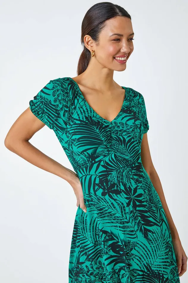 Women Green Leaf Print Stretch Ruched Dress Roman Dresses