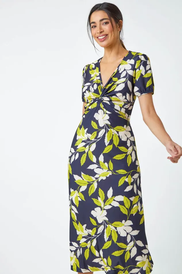 Women Green Leaf Twist Front Stretch Midi Dress Roman Dresses