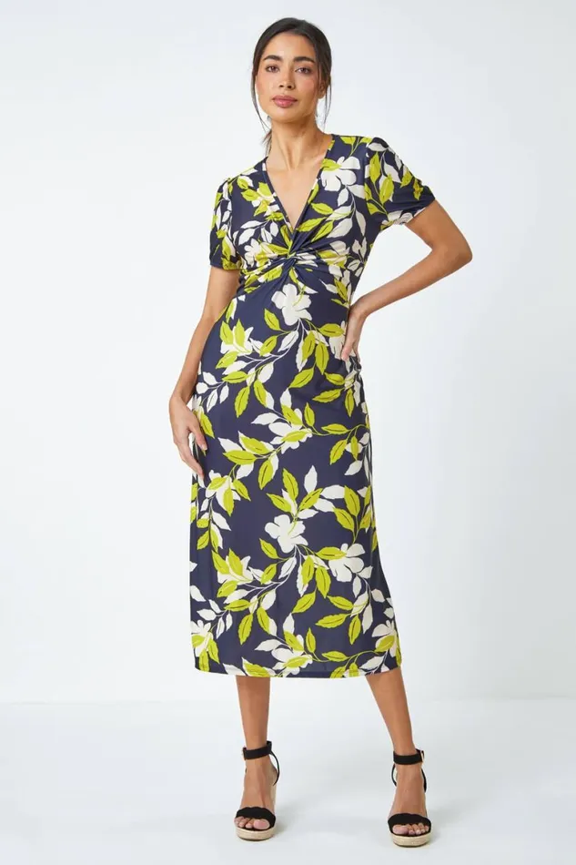 Women Green Leaf Twist Front Stretch Midi Dress Roman Dresses