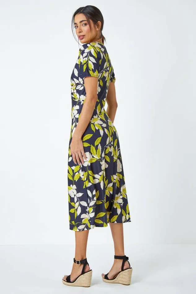 Women Green Leaf Twist Front Stretch Midi Dress Roman Dresses