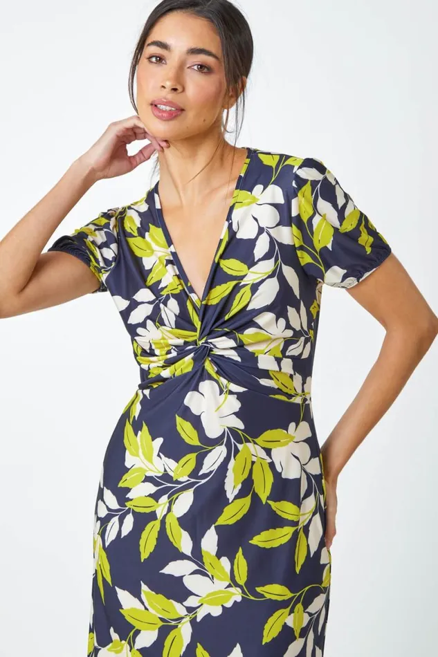 Women Green Leaf Twist Front Stretch Midi Dress Roman Dresses
