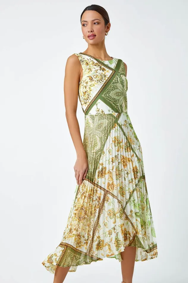 Women Green Paisley Scarf Print Pleated Midi Dress Roman Dresses