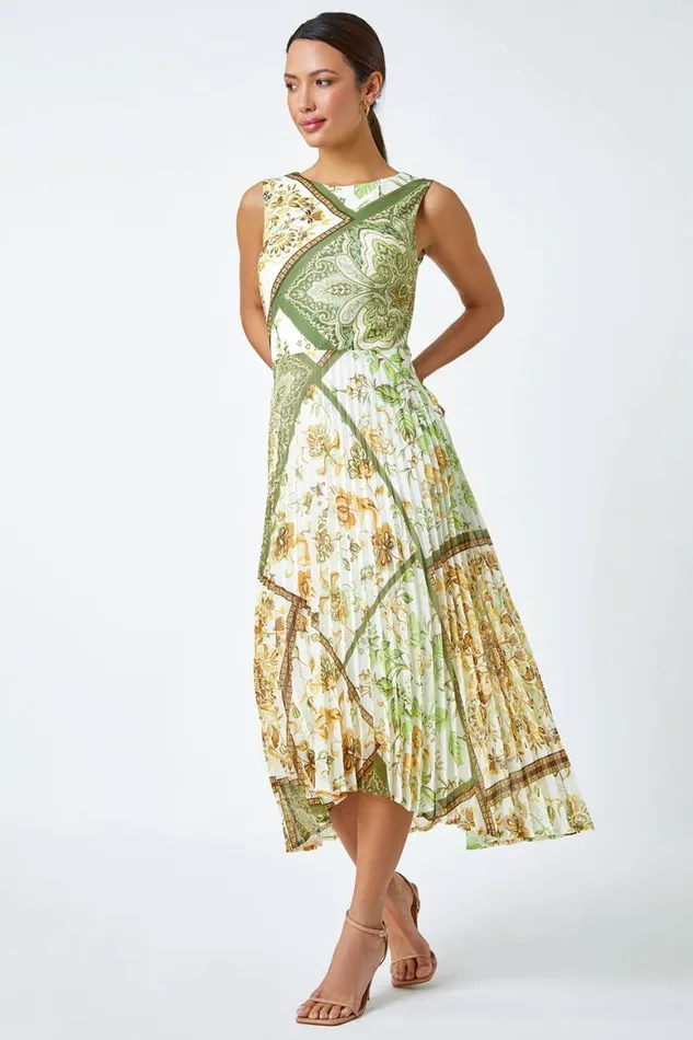 Women Green Paisley Scarf Print Pleated Midi Dress Roman Dresses