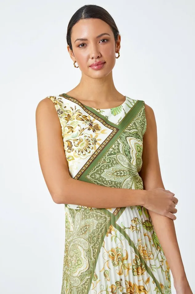 Women Green Paisley Scarf Print Pleated Midi Dress Roman Dresses