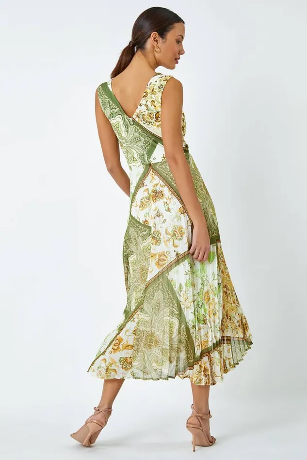 Women Green Paisley Scarf Print Pleated Midi Dress Roman Dresses