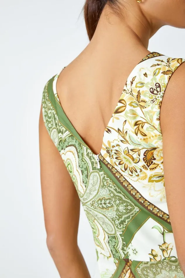Women Green Paisley Scarf Print Pleated Midi Dress Roman Dresses