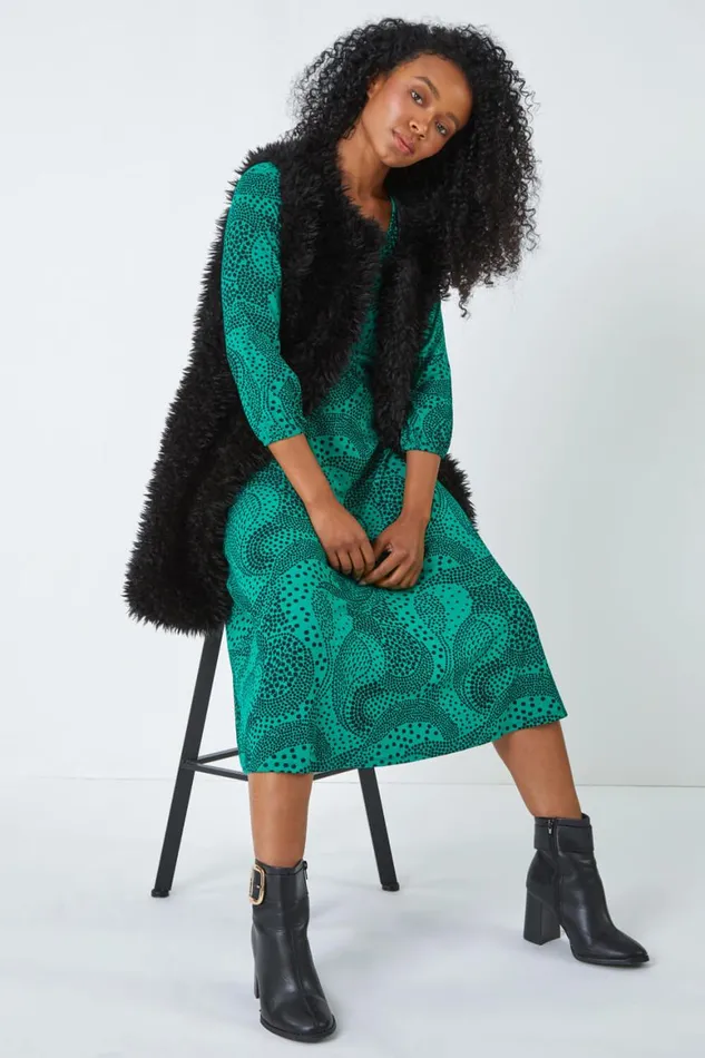 Women Green Petite Abstract Spot Stretch Midi Dress Roman Dresses