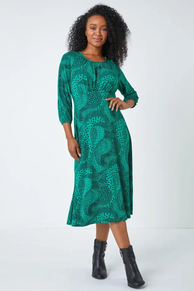 Women Green Petite Abstract Spot Stretch Midi Dress Roman Dresses
