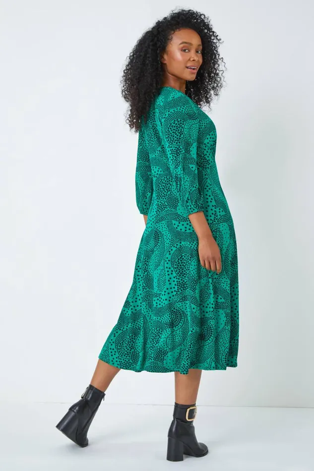 Women Green Petite Abstract Spot Stretch Midi Dress Roman Dresses