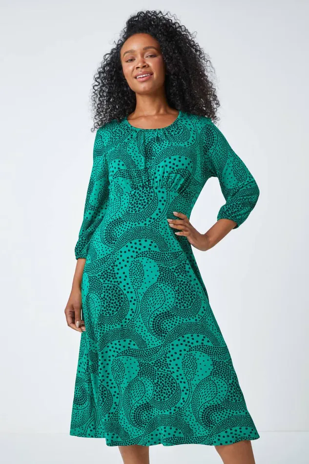 Women Green Petite Abstract Spot Stretch Midi Dress Roman Dresses