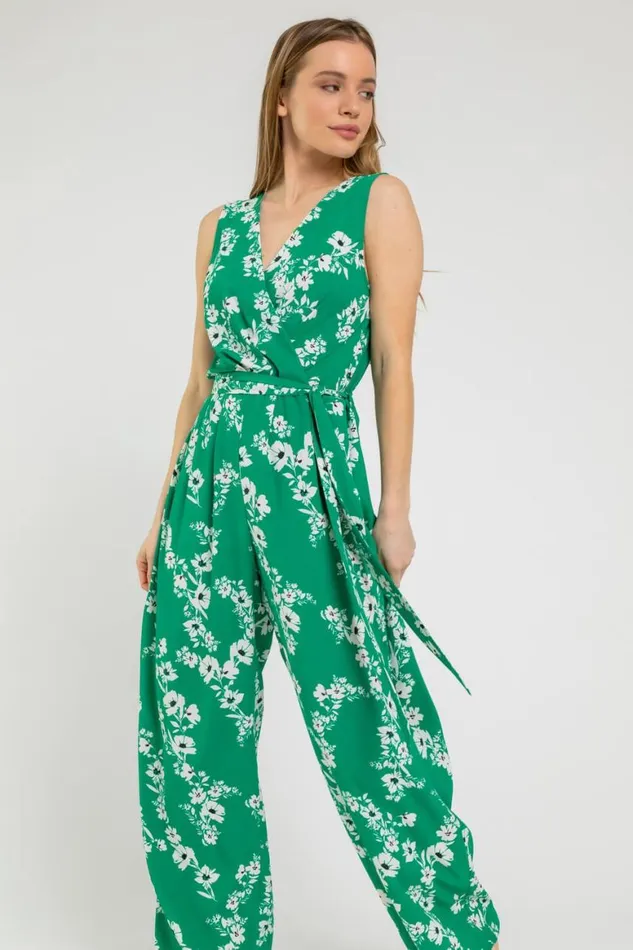 Women Green Petite Floral Belted Wrap Jumpsuit Roman Dresses