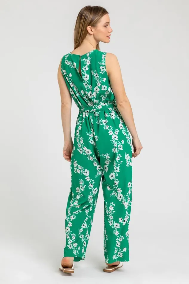 Women Green Petite Floral Belted Wrap Jumpsuit Roman Dresses