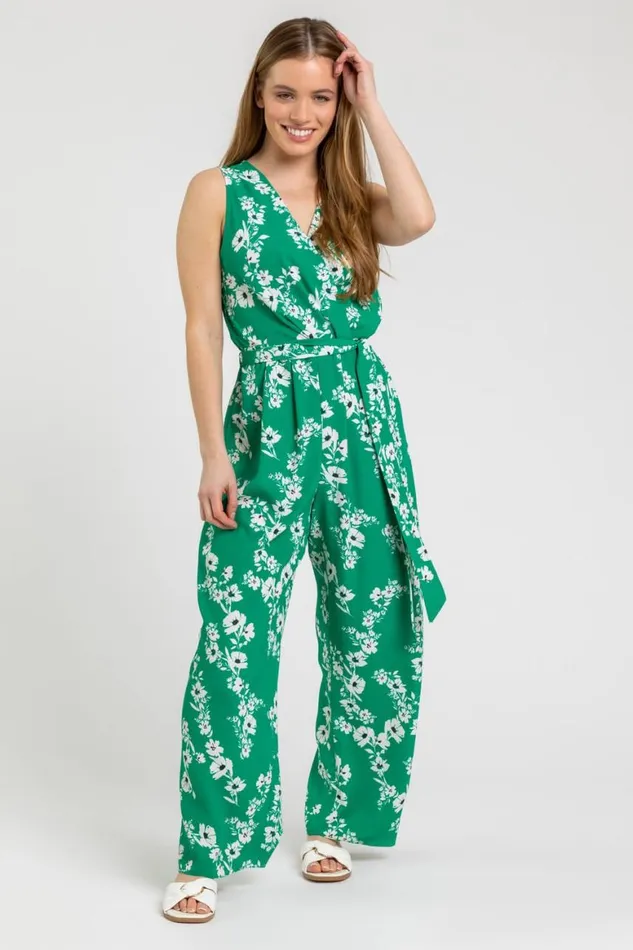 Women Green Petite Floral Belted Wrap Jumpsuit Roman Dresses