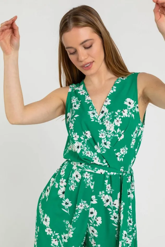 Women Green Petite Floral Belted Wrap Jumpsuit Roman Dresses