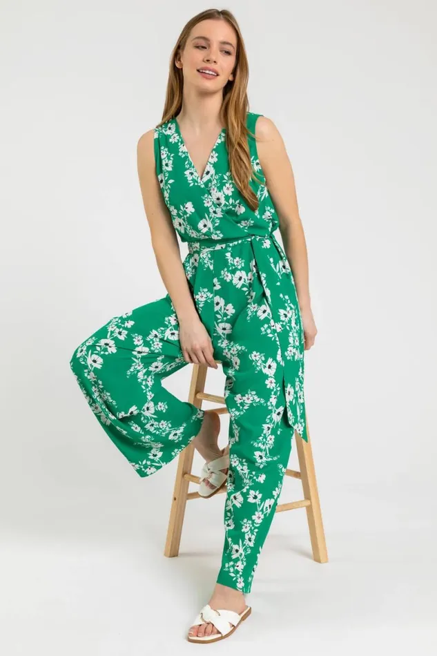 Women Green Petite Floral Belted Wrap Jumpsuit Roman Dresses