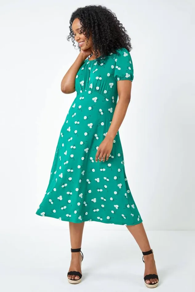 Women Green Petite Floral Print Midi Dress Roman Dresses