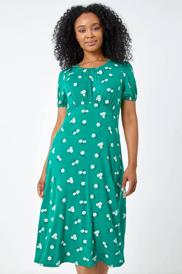 Women Green Petite Floral Print Midi Dress Roman Dresses