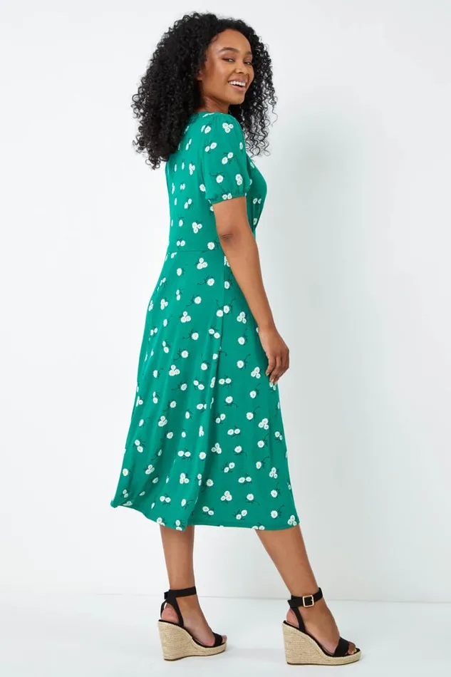 Women Green Petite Floral Print Midi Dress Roman Dresses