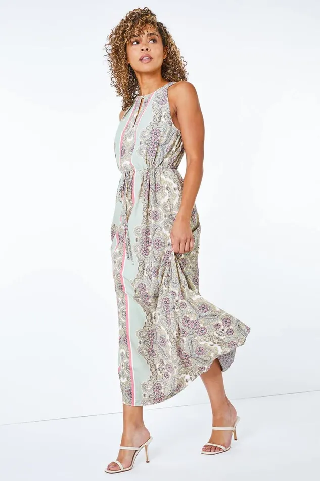 Women Green Petite Paisley Halterneck Maxi Dress Roman Dresses