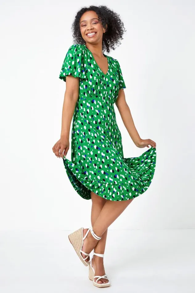 Women Green Petite Spot Frill Hem Stretch Dress Roman Dresses