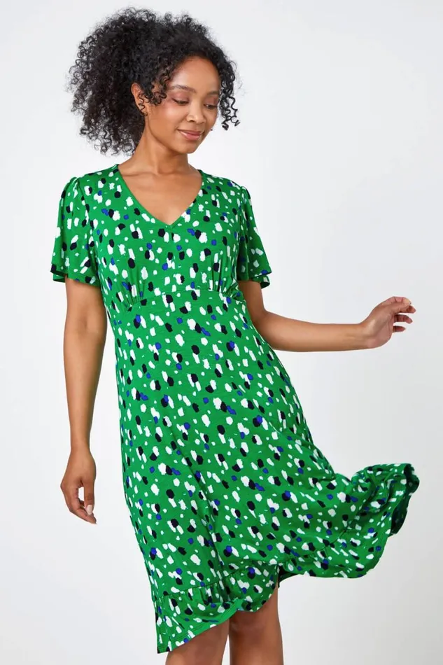 Women Green Petite Spot Frill Hem Stretch Dress Roman Dresses