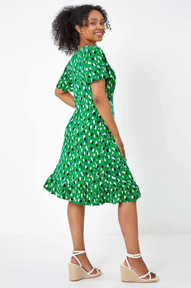 Women Green Petite Spot Frill Hem Stretch Dress Roman Dresses