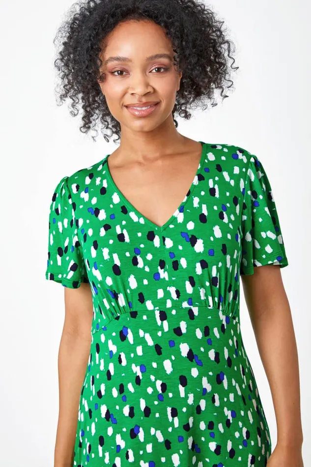 Women Green Petite Spot Frill Hem Stretch Dress Roman Dresses
