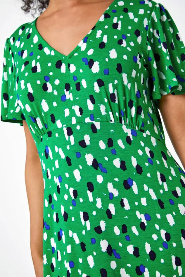 Women Green Petite Spot Frill Hem Stretch Dress Roman Dresses