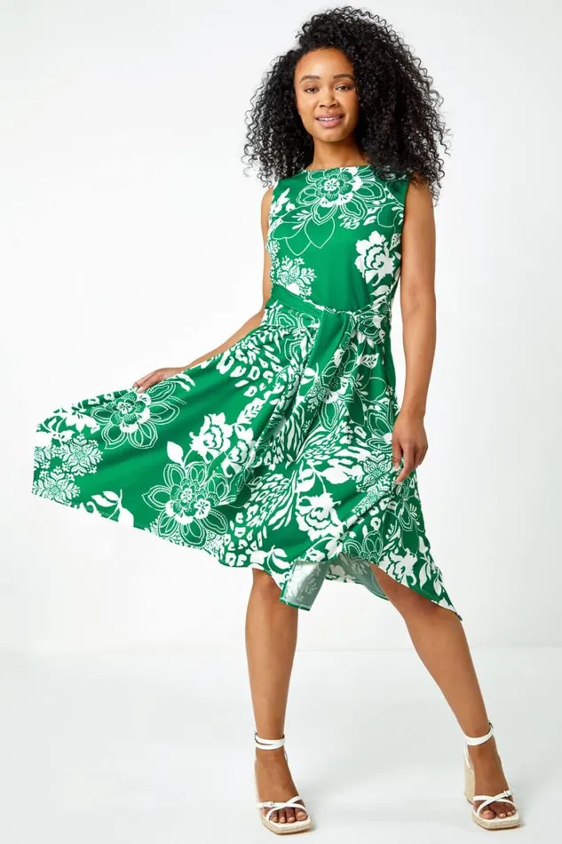 Women Green Petite Tie Waist Floral Stretch Dress Roman Dresses